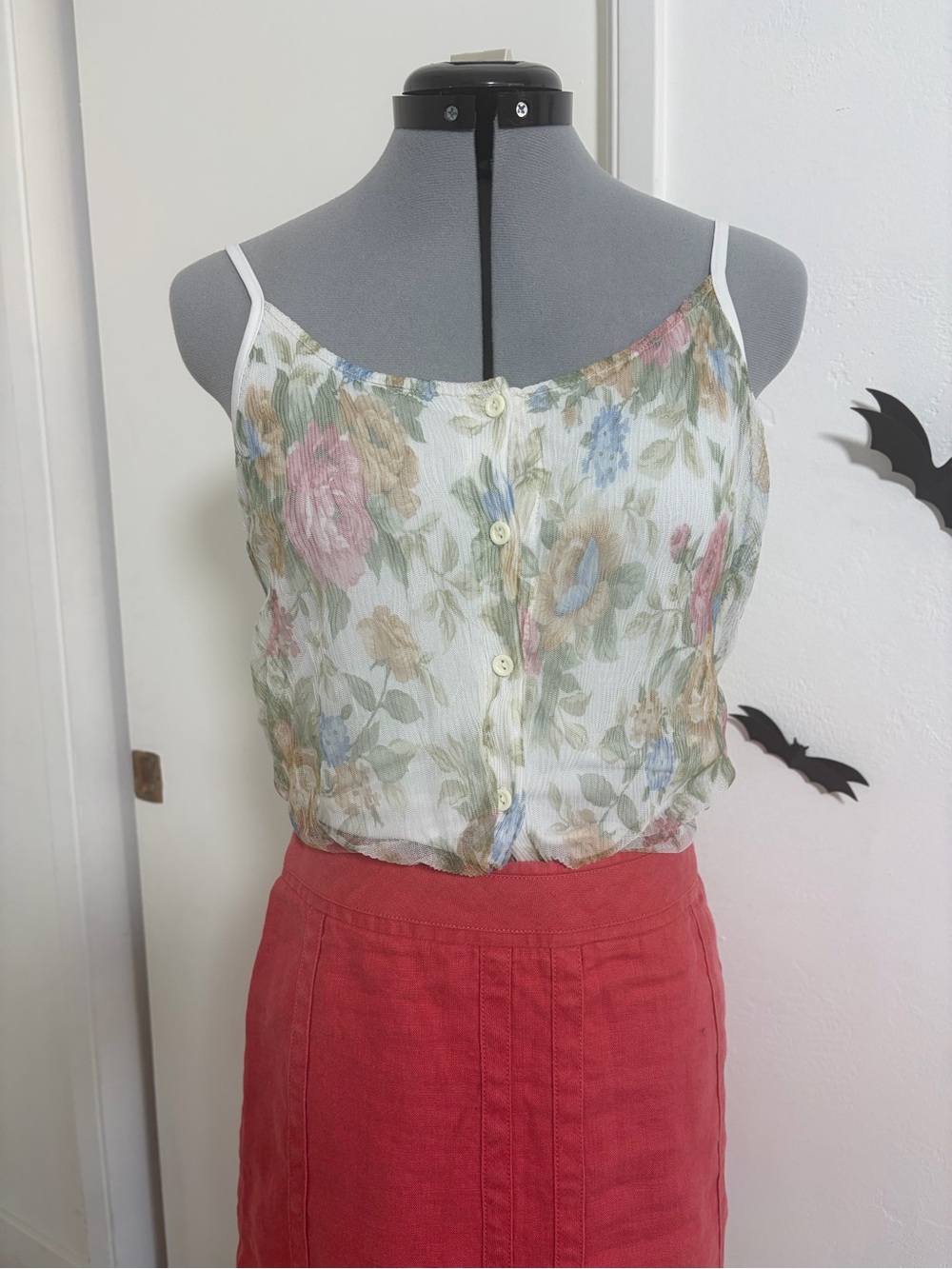 Floral Button-Front Spaghetti Strap Camisole - White/Multi